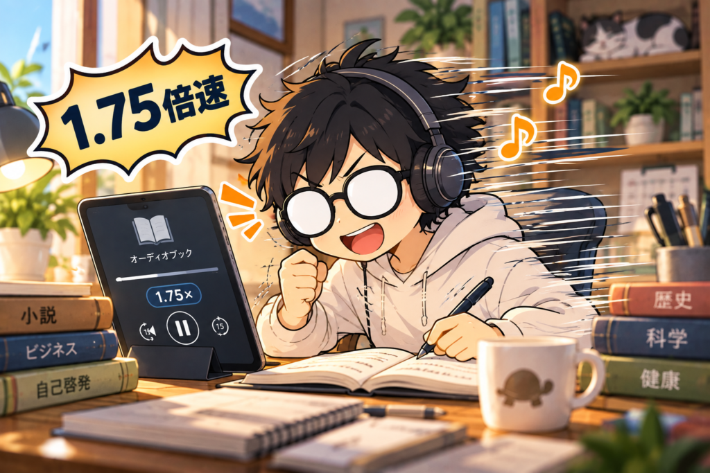 外出中にイヤホンで音声読書を楽しむイメージ